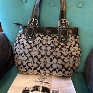 COACH Black Leather Fabric Monogram Shoulder Bag Grey Soho F15047 Vintage